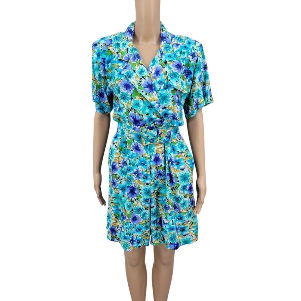 Sarah Taylor Vintage Granny Floral Teal Blue Women's Belted Romper
